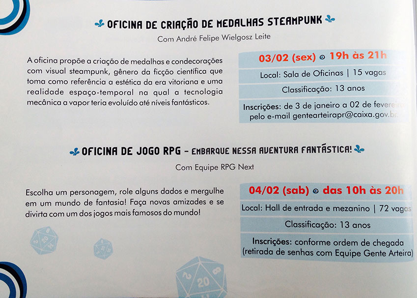 Oficina de criação de medalhas steampunk e Oficina de jogo de RPG