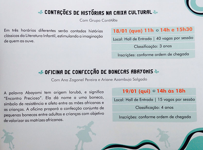 Contações de Histórias na Caixa Cultura e Oficina de Confecção de bonecas Abayomis