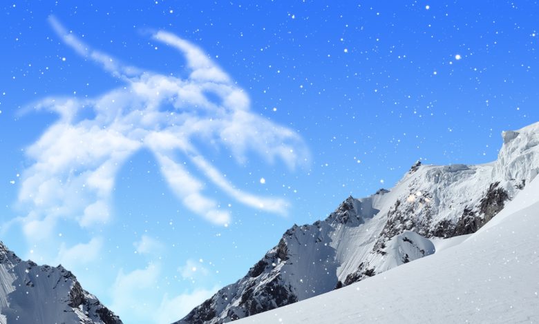 Cabeçalho do texto, há montanhas com neve e nuvens no formato do pescoço de um dragão